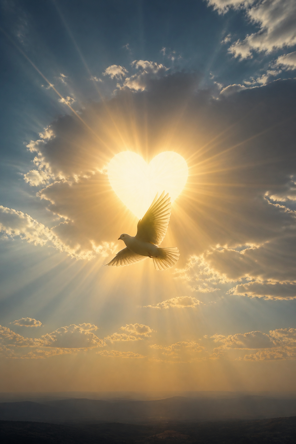 A white dove flying through a heart-shaped opening in golden clouds, symbolising hope