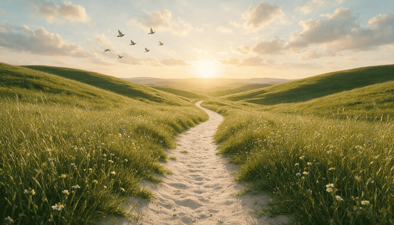 A sunlit path winding through green hills, symbolising the journey towards hope