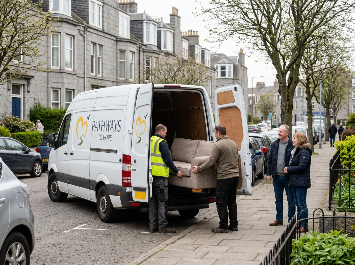 Pathways To Hope volunteers loading a donated sofa into the charity's branded van